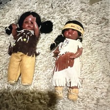 VTG Native American Indian Dolls Lot of 2 Plastic Leather & Suede 11” Sleep Eyes