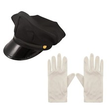 Adults Chauffeur Fancy dress Costume Set Black Hat White Gloves Limousine Driver