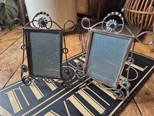 Pair antique old arts and crafts pewter peacock cabouchon DRGM photo frames