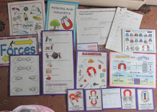 Forces/Magnets display with magnet mini set and worksheets also 3 science books