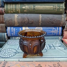 Vintage Small Pressed Amber Glass Cauldron Footed Bowl Witch Halloween
