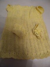 Vintage hand knitted baby dolls dress and booties Possibly Tiny Tears size?