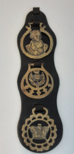 3 Horse Brasses on Leather Strap - Nelson 1805, Scottish Thistle & Crown