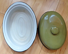 Vintage Olive Green Enamel Oval Roasting Oven Tin Dish and Lid Good Condition