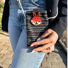 Phone Holder Bag Black with Fox Decor, Handmade Crossbody Pouch, Christmas Gift