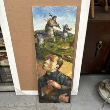 Naive Vintage Oil On Canvas Painting Christianity Jesus Carrying The Cross