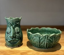 Vintage Unique Pottery England Celery Pot & Matching Cabbage Leaf Bowl