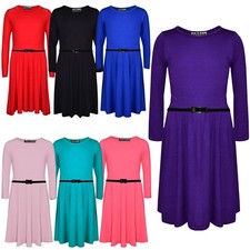 Kids Girls Skater Dress Party 3/4 Sleeves Fashion Dresses With Free Belt 7-13 Yr