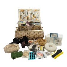Wicker Sewing Box With Contents Bundle Cotton Pins Needles Job Lot Elastic Plus