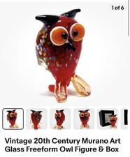 Vintage 20th Century Murano Art Glass Freeform Owl Figure & Box