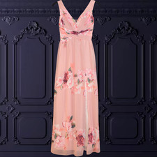 LM LONDON SIZE 8 PINK FLORAL MAXI DRESS CHRISTMAS PARTY WEDDING COCKTAIL RACES