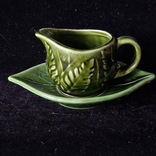 Vintage Mini Green Ceramic Sauce Boat With Leaf Shaped Saucer