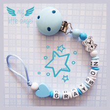 Personalised Dummy Clip Boy/Girl❤ Puppy Dog Wooden Beads Pink/Blue Pacifier MAM