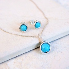 Turquoise Necklace Earring Set 925 Sterling Silver Handmade December Birthstone