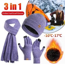Mens Women Ladies Thick Knit Hat Scarf AND Touchscreen Gloves Set Knitted Winter