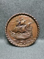 VINTAGE EMBOSSED BRASS WALL PLATE PLAQUE WITH SAILING SHIP GALLEON 
