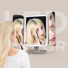 Trifold Makeup Mirror with Lights, 1X/2X/3X Magnification, 3-Colour Dimmable LED