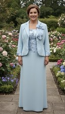  Mother of the Bride Dress Suit Jacket Set Icy Blue Floral Embroidery Size UK 12