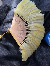 Vintage Yellow Feather Handheld Fan, Tassel Detail, Wooden Handle