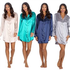 Ladies Satin Nightshirt Button Through Front Nightie Night Shirt Size 10-24