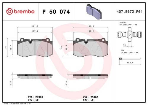 Brembo p50074 front brake - front, pad