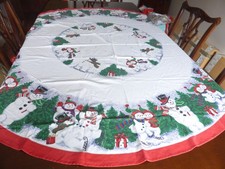 Large round Christmas snowman tablecloth -  68 inch dia