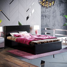 SALE Small Double Ottoman Faux Leather Bed Slatted Bed Frame Modern Black