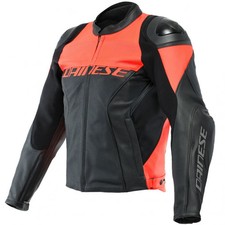 Dainese Racing 4 Perforated Leather Jacket Motorbike Motorcycle - Black Fluo Red