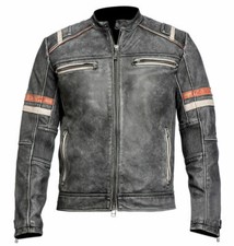 MENS VINTAGE CAFE RACER MOTORCYCLE BIKER DISTRESSED GREY REAL LEATHER JACKET