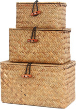 Wicker Storage Baskets with Lids Seagrass Woven Baskets for Shelves Stackable St