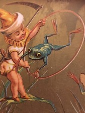 Frog Jumping c.1890s Trade Card Advert France Paris Au Grand St Paul  Water Baby