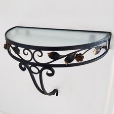 Wall-mounted Telephone Shelf Floral-design wrought Iron & Glass Half-round
