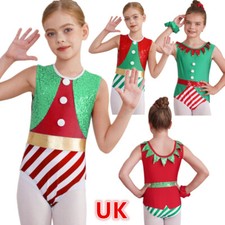 UK Girls Christmas Elf Gymnastics Leotard Bodysuit Xmas Santa Claus Costume
