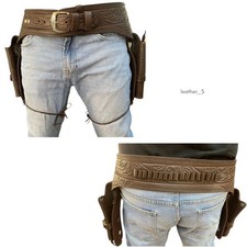 New Cowboy Western Double Gun Holster Belt Revolver Embossed BROWN Leather Loops
