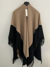 M&S Ladies fringed Cape Shawl Blanket Poncho Wrap Caramel & Black one size BNWT