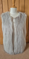 WHITE LEAF Shaggy Pale Grey Faux Fur Open Front Gilet/Sleeveless Jacket Size S