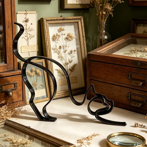 Black metal wire cat sculpture - metal,