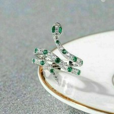 1.15Ct Round Cut Green Emerald & Diamond Snake Ring 14K White Gold Over Size N-T