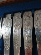 Unusual Antique Successionist Design Fish Cutlery Set Quality Silver Plate 6 Prs