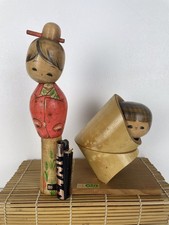 Vintage Pair Japanese Sosaku Kokeshi 22+12cm Princess Kaguya 1970s