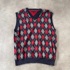 Tommy Hilfiger Knitted Vest Mens 2XL Argyle V-Neck Knit Cotton Jumper, Red
