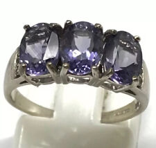 blueberry quartz ring 9ct white gold oval three stone, UK L 1/2, US 6, pristine.