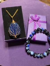Blue Agate Tree of Life Necklace + Blue Dragon Vein Agate Bracelet Set – Spiritu