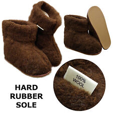100% Sheep Wool Boots Cozy Foot Slippers Hard Sole Sheepskin Womens Mens Brown
