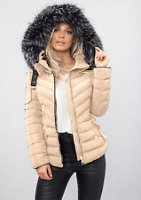Womens Ladies Quilted Faux Fur Hooded Padded Puffer Coat Winter Parka Coat Beige