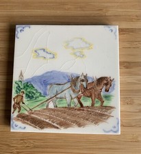 Pilkington’s Hand Painted Tile Farm Horse Harvest Plough Farm Scene Vintage