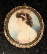 Fine Regency Miniature Portrait of a Lady in White Dress & Ribbons in Gilt Frame