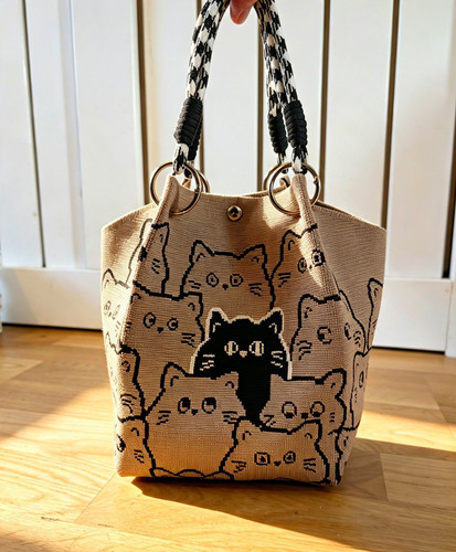 New beige black cats knit - black,