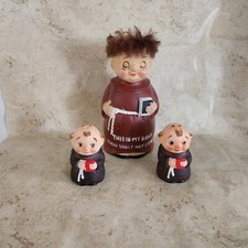 Vintage Friar Tuck Monk Salt-Pepper & Piggy Bank Set S & P SANMYRO JAPAN Sticker
