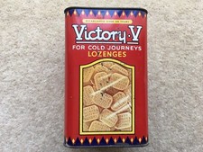 C1950s VINTAGE VICTORY V FOR COLD JOURNEYS LOZENGES H.M.S.VICTORY SWEETS TIN